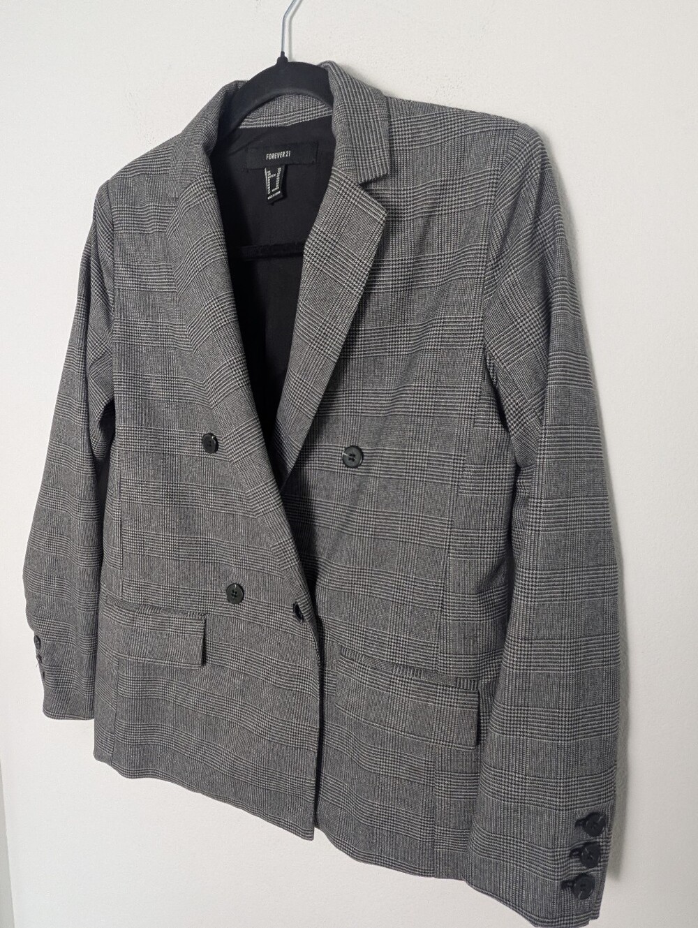 Forever 21 Womens Gray Plaid Lined Double Breasted Blazer Pockets Sz XS EUC